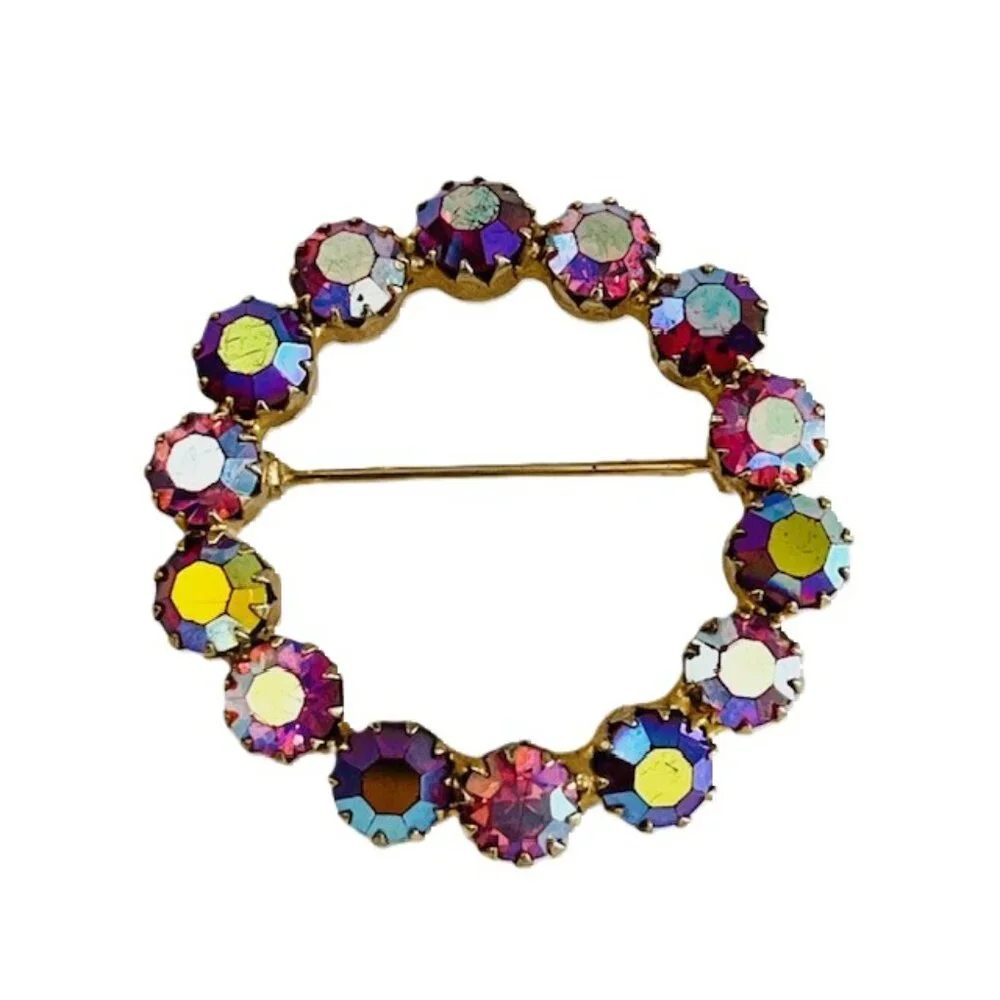 Vintage Iridescent Rhinestone Round Brooch Pin Pink Gold Tone Minimalist
